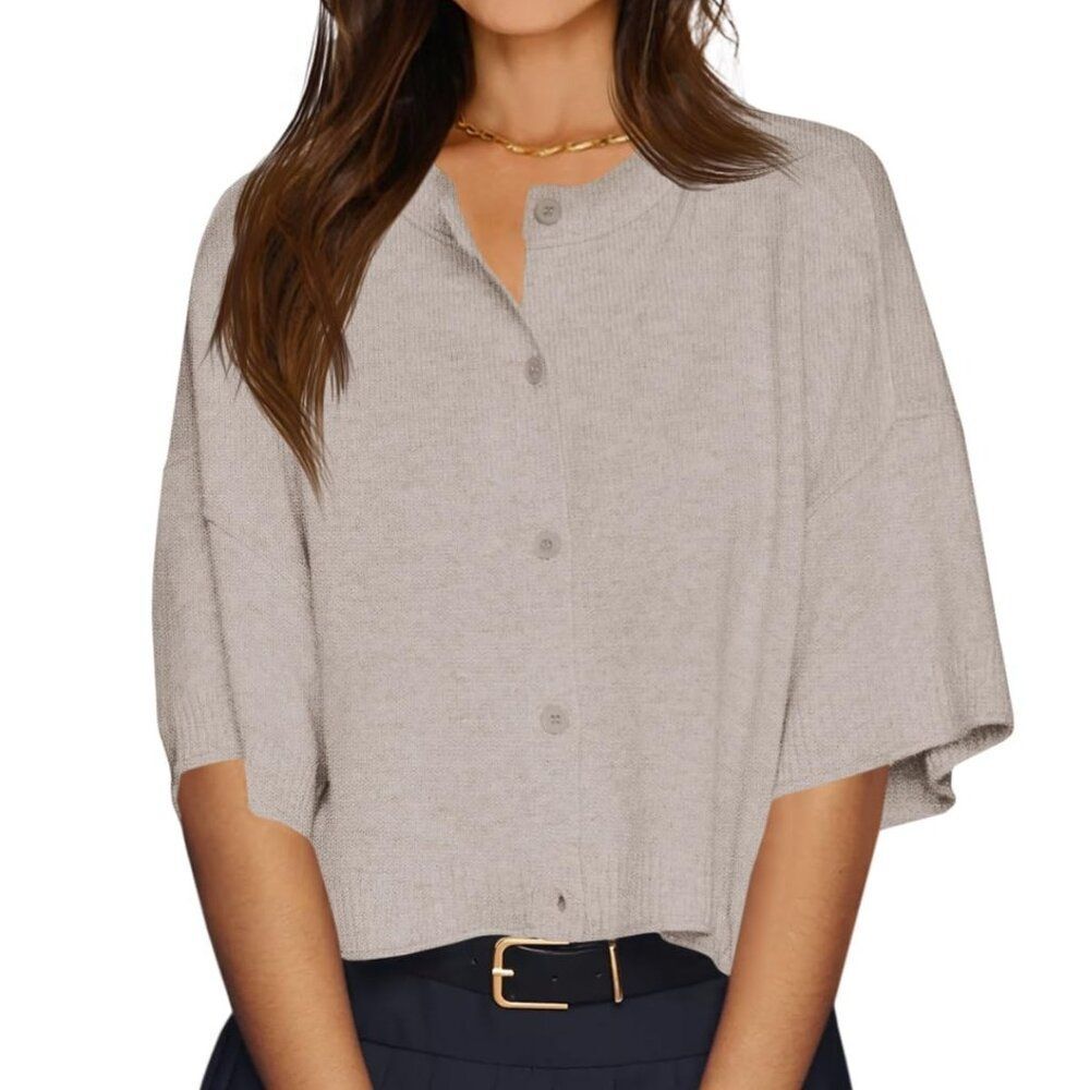 Clean Girl Cropped Knit Button-Front Cardigan Minimalist Aesthetic – Khaki